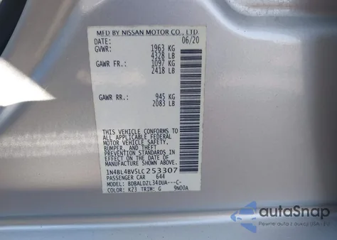 2020 Nissan Altima S Fwd из США, поврежденный, VIN 1N4BL4BV5LC253307